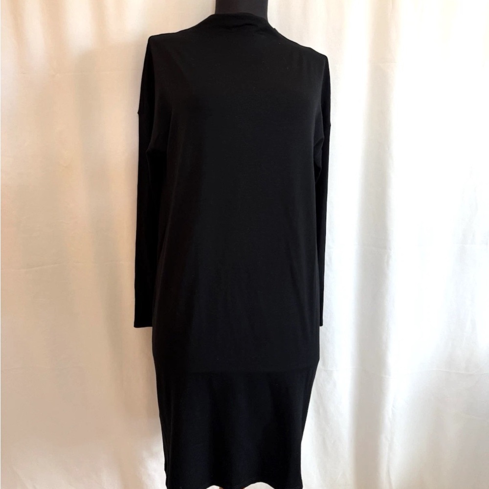Eileen Fisher Black Mock Neck Minimalist Knit Dress - Petite Small